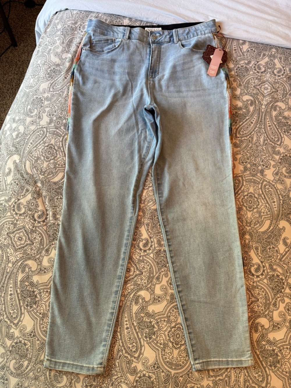Light Blue Boho Women's Skinny Jeans w/ Colorful Side Detail | Size 14